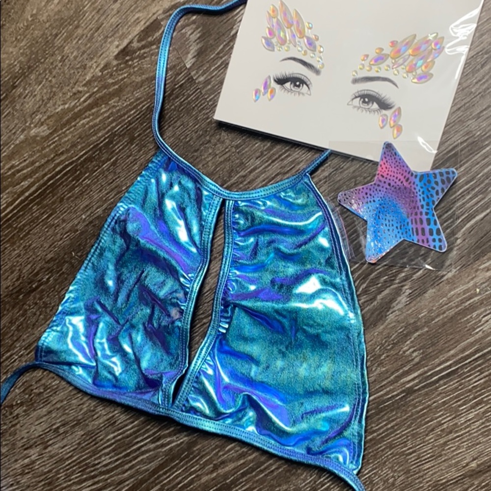 Metallic blue rave halter top